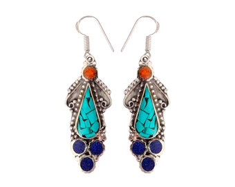 Boucle D'oreille Ancienne Lapis-lazuli Corail Turquoise - Bijou Népalais/tibétain - Neuf Sans Emballage