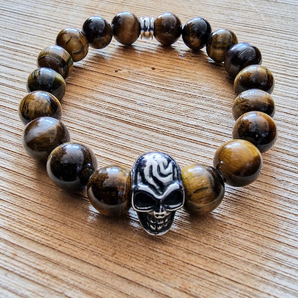 Bracelet œil de tigre 10mm femme & homme.- Bracelet œil de tigre avec tête de mort- Bracelet tête de mort- Bracelet en pierre œil de tigre