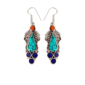 Tibetan Earrings Coral Turquoise and Lapis Lazuli - Nepal