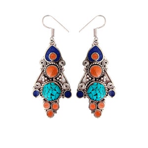 Tibetan Earrings Coral Turquoise and Lapis Lazuli - Nepal
