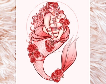 Pink Mermaid Print - Fat Mermaid Art - Fat Positive Art - Fat Liberation Art - Body Positive Art