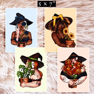 May include: Four digital illustrations of witches with black hats holding potted plants. The witches are wearing different outfits and have different hair colors and styles. The plants are a blue flower, sunflowers, a monstera plant, and orange peonies.
