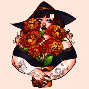 May include: A woman wearing a black witch hat and a black dress holds a bouquet of orange peonies in a brown pot. She has a tattoo of a butterfly and a snake on her arms.