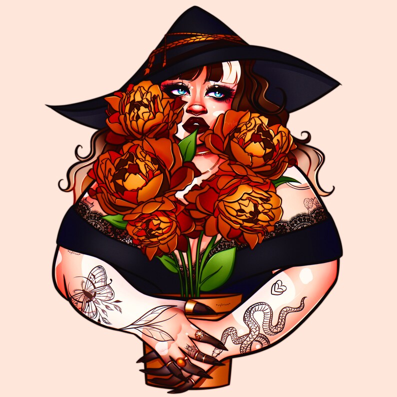 May include: A woman wearing a black witch hat and a black dress holds a bouquet of orange peonies in a brown pot. She has a tattoo of a butterfly and a snake on her arms.