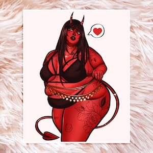 May include: A red-skinned woman with horns and a tail, wearing a black bra and a gold coin belt, with a red heart speech bubble above her head. The background is white.