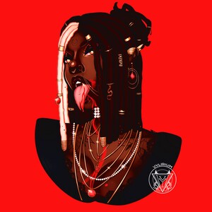 Peut inclure: Illustration num&eacute;rique d'une personne &agrave; la peau fonc&eacute;e, avec de longues dreadlocks noires et blanches, et la langue rouge qui sort. Elle porte un haut noir avec plusieurs colliers en or et des pierres pr&eacute;cieuses rouges. Le fond est rouge.