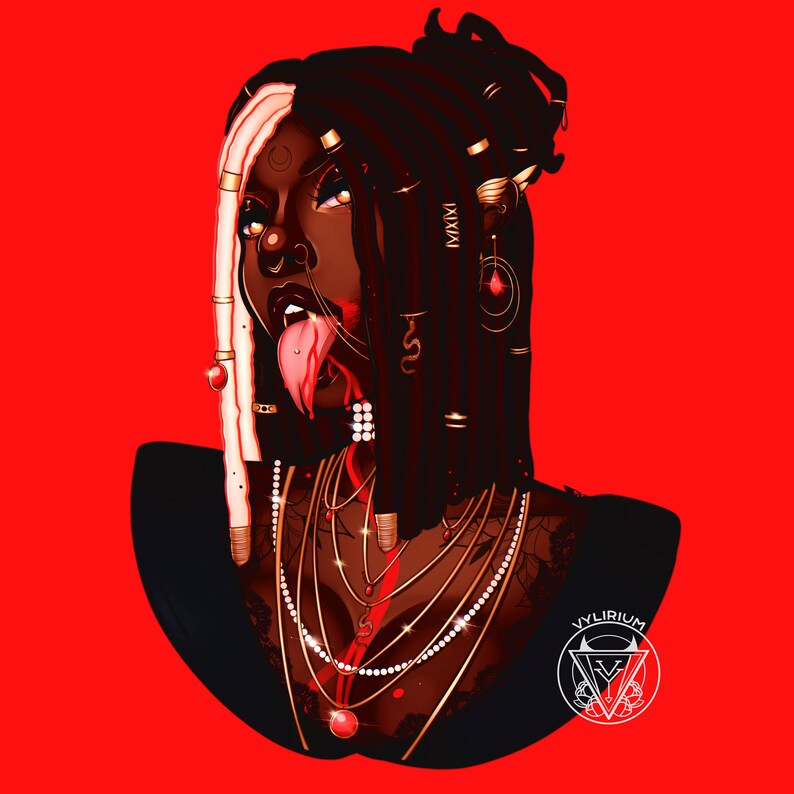 Peut inclure: Illustration num&eacute;rique d'une personne &agrave; la peau fonc&eacute;e, avec de longues dreadlocks noires et blanches, et la langue rouge qui sort. Elle porte un haut noir avec plusieurs colliers en or et des pierres pr&eacute;cieuses rouges. Le fond est rouge.
