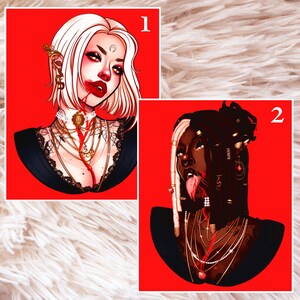 Peut inclure: Deux illustrations num&eacute;riques de femmes avec des coiffures et des tons de peau diff&eacute;rents. Les deux femmes portent des v&ecirc;tements noirs et des bijoux en or. L'arri&egrave;re-plan est rouge. L'image est &eacute;tiquet&eacute;e "1" et "2" dans le coin sup&eacute;rieur droit.