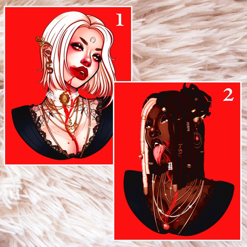 Peut inclure: Deux illustrations num&eacute;riques de femmes avec des coiffures et des tons de peau diff&eacute;rents. Les deux femmes portent des v&ecirc;tements noirs et des bijoux en or. L'arri&egrave;re-plan est rouge. L'image est &eacute;tiquet&eacute;e "1" et "2" dans le coin sup&eacute;rieur droit.