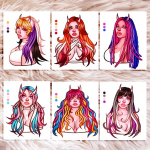 May include: Six digital illustrations of women with colorful hair and horns. Each woman is wearing a white top and has a different hair color and style.