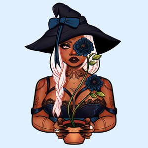 May include: A woman wearing a black witch hat with a blue ribbon and a blue and black lace top holds a potted plant with blue roses. The plant has a brown pot with the word "syftirum" written on it.