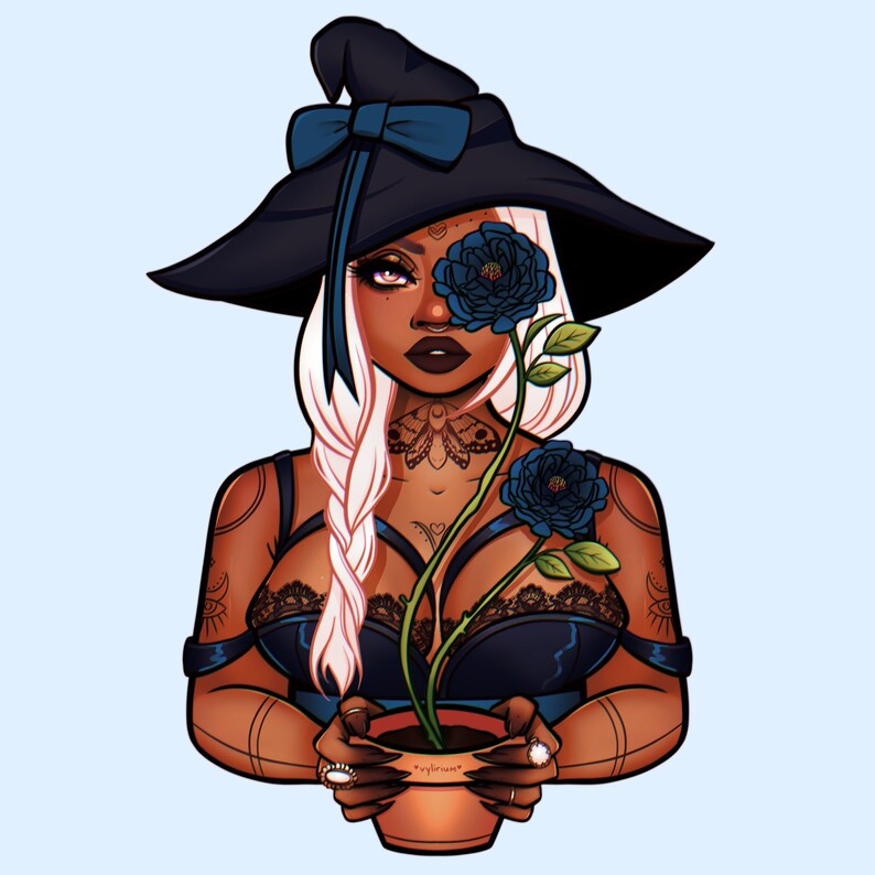 May include: A woman wearing a black witch hat with a blue ribbon and a blue and black lace top holds a potted plant with blue roses. The plant has a brown pot with the word "syftirum" written on it.