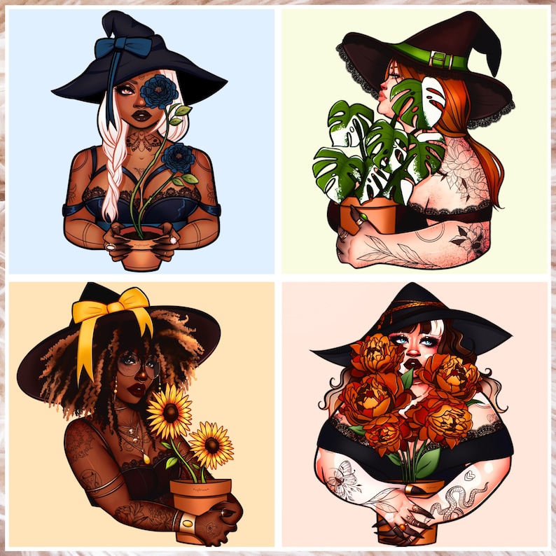 May include: Four illustrations of women wearing witch hats and holding potted plants. The women are all wearing different outfits and have different hair styles. The plants are all different types of flowers.