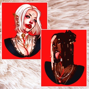 Peut inclure: Deux illustrations num&eacute;riques de femmes avec des coiffures et des tons de peau diff&eacute;rents. Les deux femmes portent des v&ecirc;tements noirs et des bijoux en or. L'arri&egrave;re-plan est rouge.