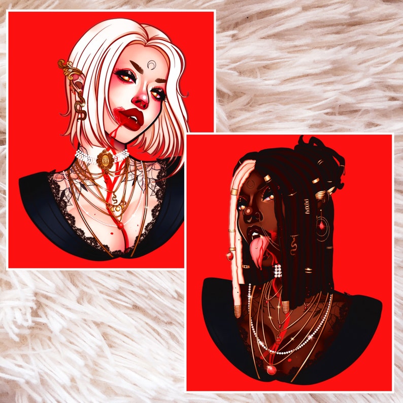 Peut inclure: Deux illustrations num&eacute;riques de femmes avec des coiffures et des tons de peau diff&eacute;rents. Les deux femmes portent des v&ecirc;tements noirs et des bijoux en or. L'arri&egrave;re-plan est rouge.