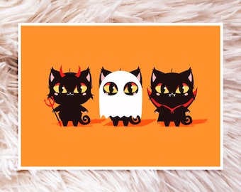 Trick or Treat Print - Halloween Art Print - Cute Art - Black Cat Art - Halloween Decor - Cute Wall Art