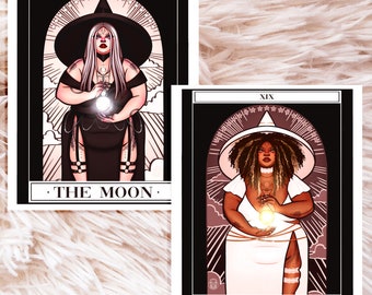 Moon & Sun Witches Tarot Prints - Halloween Art - Fat Art - Body Positive Art - Witch Decor