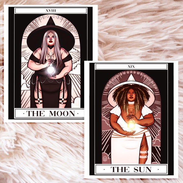 Mån- och solhäxor Tarottryck - Halloweenkonst - Tjock konst - Kroppspositiv konst - Häxdekor