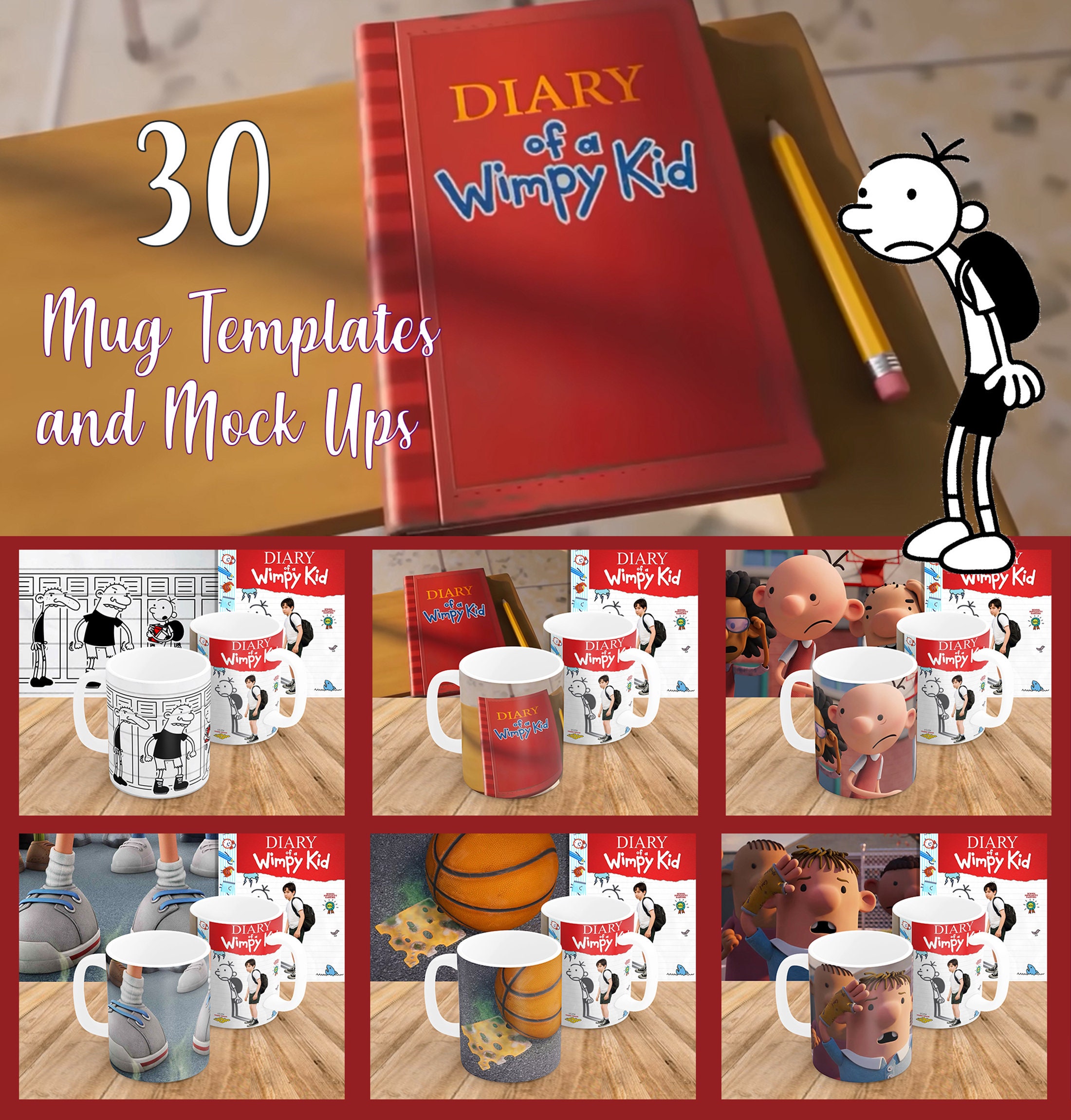 DIARY of a WIMPY KID Mug Templates 30 Templates and Mock up 2480x1122px  300DPI jpg Files Designs With Scenes From the Film 