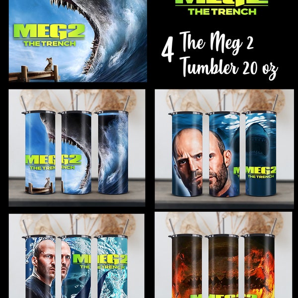 THE MEG 2- The TRENCH- Jason Statham-The Movie 2023- 4 Tumbler Wrap Cartoon 20oz Skinny,  Template, Sublimation 2480x1122px 300DPI-png Files