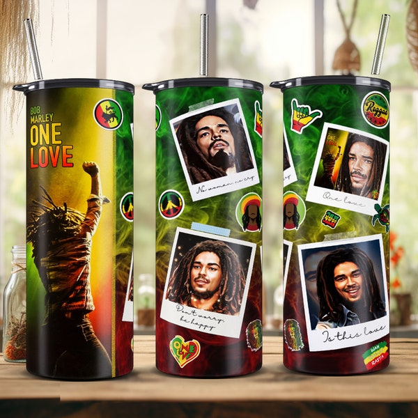 ONE LOVE - BOB Marley Movie 2024 *1 Tumblers Wrap* Cartoon, 20oz Skinny, rasta, Bob Marley, Kingsley Ben-Adir Sublimation Wrap Hd png Files.