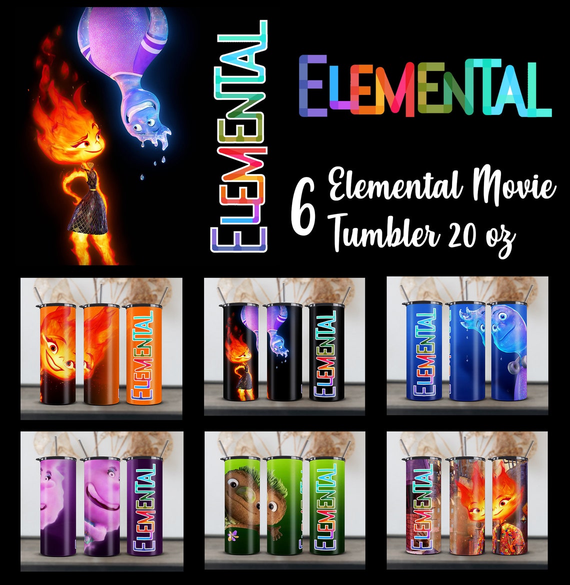 ELEMENTAL 6 Clod Gale Fireboy Watergirl tumbler Wrap, Cartoon 20oz
