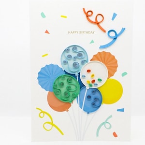 Tarjeta de felicitación en técnica de filigrana de papel, globos, Feliz Cumpleaños, quilling, hecha a mano, Comercio Justo, empaquetada 14 x 19 cm, QP057
