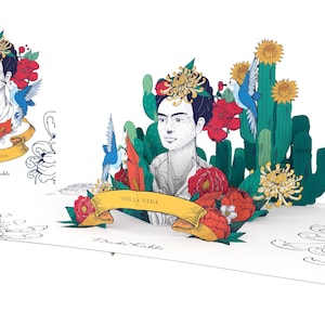 Frida Kahlo met cactussen, kunstkaart met envelop, pop-up techniek, duurzaam, eerlijke handel, FK007