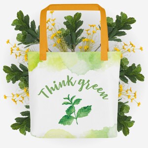 Think green tote bag, hand painted design, nature lover