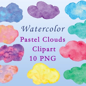 May include: Ten watercolor pastel cloud clipart images in various colors, including blue, purple, pink, red, yellow, and green. The text "Watercolor Pastel Clouds Clipart 10 PNG" is written in purple text on a light blue background.