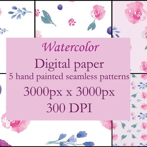 Aquarelle floral motif sans couture, Papier imprimable Scrapbooking, Motif de répétition peint à la main, Ensemble de papier imprimable, Imprimé floral boho