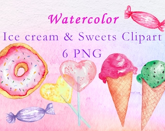 Watercolor candy clipart Ice cream cone clipart Watercolor sweets Donut clipart Candy PNG files Printable hand painted watercolor