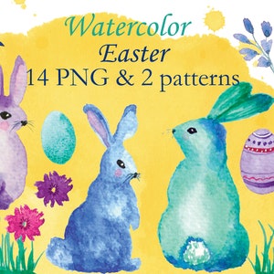 Aquarell Osterhasen Cliparts und nahtlose Muster Aquarell Osterhasen PNG Handgemalte Clipart Ostern Musterdesign Ostern Hintergrund
