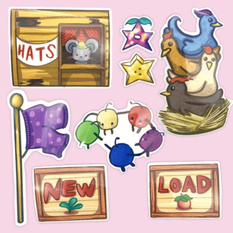 May include: A set of colourful stickers featuring a variety of characters and objects, including a mouse in a hat, a bird, a flag, a group of colourful creatures, and a sign that says "HATS".