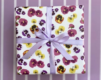 Pansies on White Wrapping Paper Sheets, Double-Sided Gift Wrap, Three 29x20in sheets, Gift Wrap, Flower Wrapping Paper, Mother's Day Gift