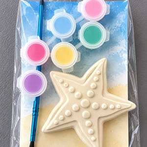 Puede incluir: Un kit de pintura de estrella de mar en una bolsa transparente. El kit incluye una estrella de mar crema, un pincel azul y seis botes de pintura rosa, azul, verde, amarillo, rosa y morado. El fondo muestra una escena de playa.