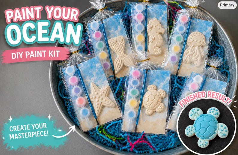 Puede incluir: Kits de bricolaje "Pinta tu oc&eacute;ano" en un recipiente de metal. Cada kit incluye una figura de yeso con forma de criatura marina, botes de pintura y un pincel. Los kits presentan una estrella de mar, un caballito de mar, una cola de sirena, una tortuga y una medusa.