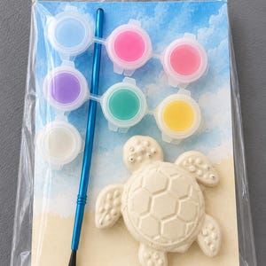 Puede incluir: Un kit de pintura de tortuga para pintar, empaquetado en celof&aacute;n transparente. El kit incluye una tortuga de cer&aacute;mica, un pincel azul y seis botes de pintura de varios colores. El fondo presenta una escena de playa con un cielo azul.