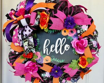 Hello Wreath, Spring Wreath, Mother's Day Wreath, Spring Décor, Front Door Hanger, Colorful Floral Wreath, Farmhouse Wreath, Country Wreath