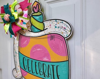 Celebrate Door Hanger | Handmade Birthday Door Hanger | Colorful Front Door Decor | Party Welcome Sign | Teacher Classroom Decor |Celebrate