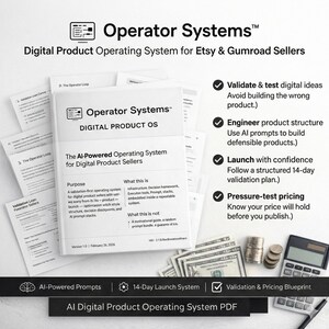 May include: A digital product operating system PDF titled "Operator Systems" for Etsy and Gumroad sellers. The cover features the title and a description of the AI-powered system. Additional documents and a calculator are visible.