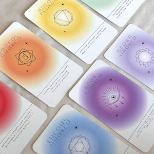 May include: A set of seven chakra cards with colorful backgrounds and black line drawings of the chakras. Each card has the name of the chakra and a description of its meaning.