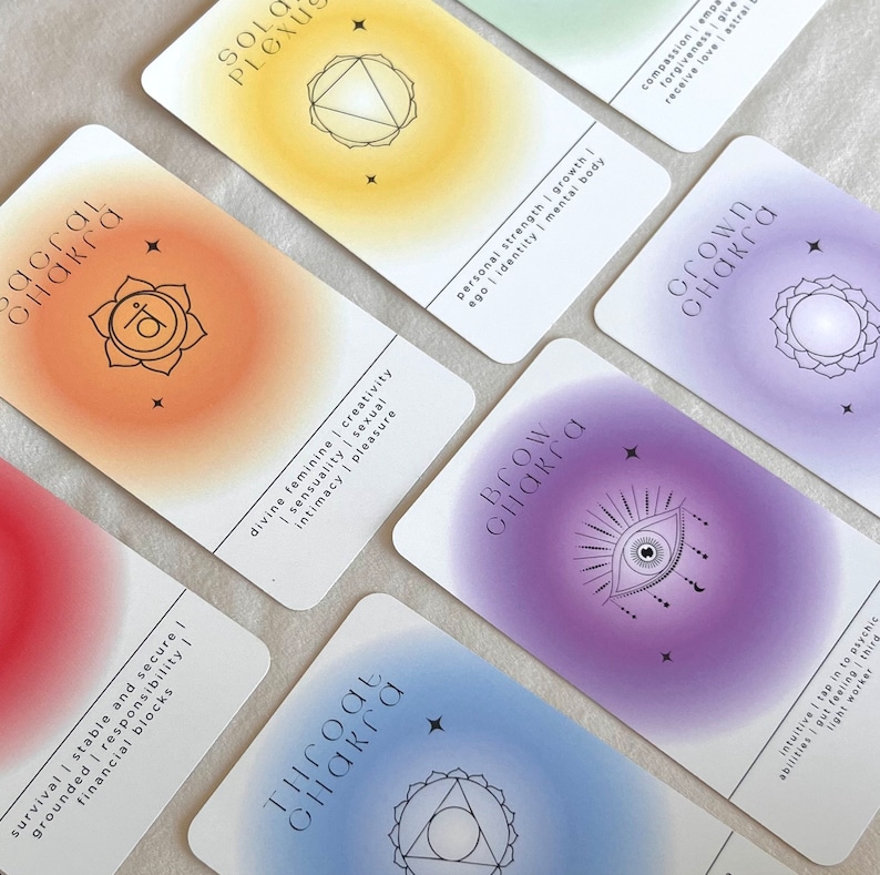 May include: A set of seven chakra cards with colorful backgrounds and black line drawings of the chakras. Each card has the name of the chakra and a description of its meaning.