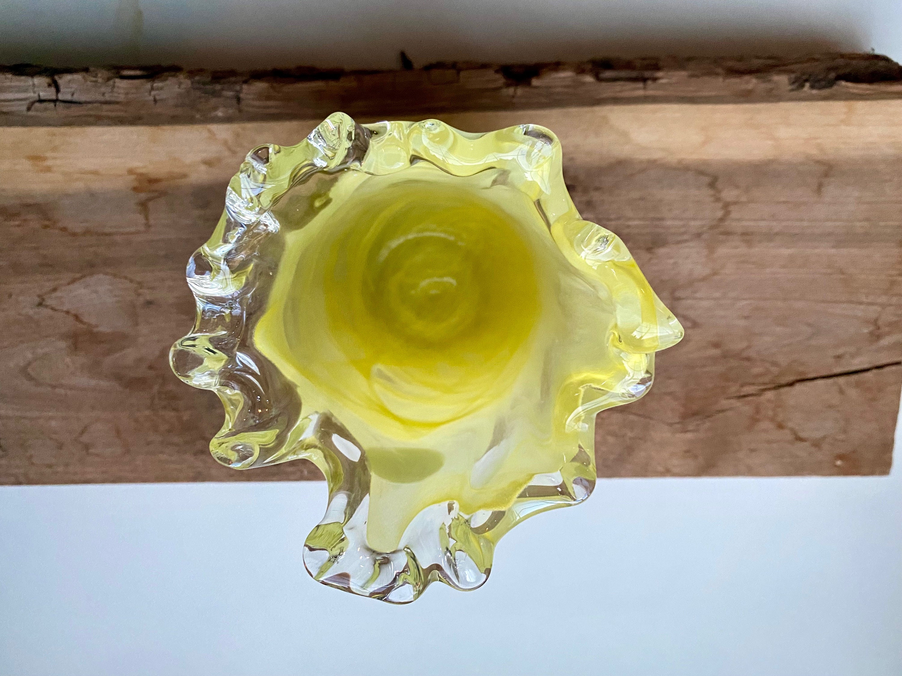 Vintage Murano glass 1970s Lavorazione Arte Made in Italy Sticker yellow swirly handblown vase