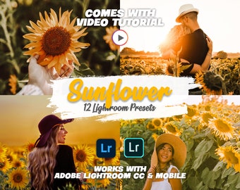 Puede incluir: Un conjunto de 12 ajustes preestablecidos de Lightroom llamados "Sunflower" que se pueden usar para editar fotos. Los ajustes preestablecidos están diseñados para dar a las fotos un aspecto cálido, soleado y vibrante. La imagen muestra una pareja en un campo de girasoles, un primer plano de un girasol y una mujer en un campo de girasoles. El texto "COMES WITH VIDEO TUTORIAL" y "WORKS WITH ADOBE LIGHTROOM CC & MOBILE" también es visible.