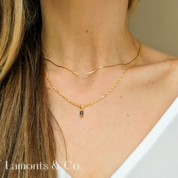 Black Stone Necklace, Gold Necklaces for Women, Gold Layered Necklace Set, Dainty Onyx Teardrop Necklace, Double Necklaces for Women