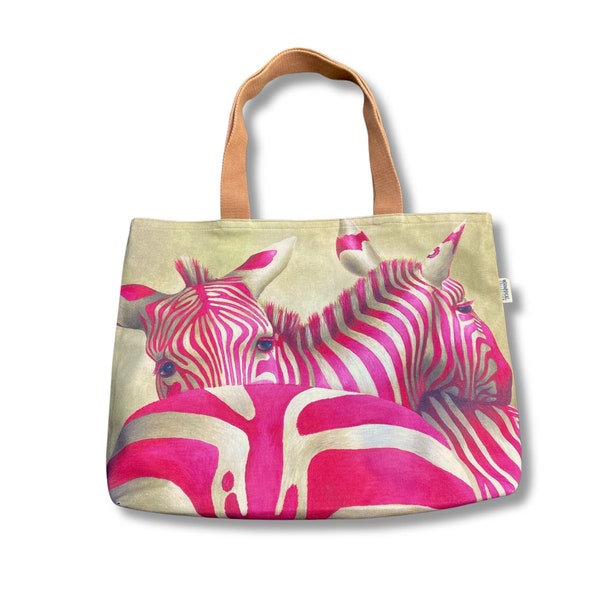 Tote Bag PINK ZEBRA - beiger Shopper aus Canvas mit rosa Zebra - Handarbeit aus Kapstadt, Südafrika // Geschenk aus Afrika // Canvastasche