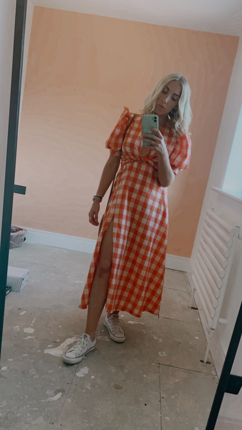 Orange White Checkered Dress Handmade