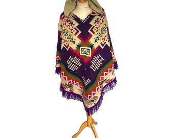 Purple Alpaca Wool Hooded Poncho with Aztec Pattern