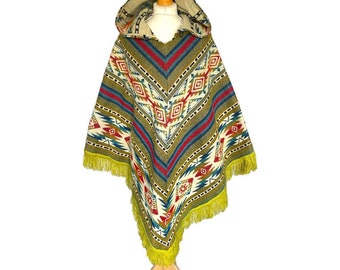 Yellow Alpaca Wool Hooded Poncho with Aztec Pattern